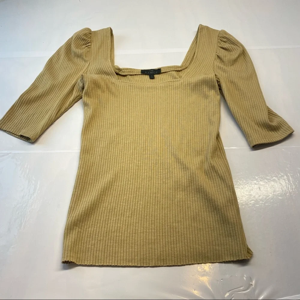 THE RANGE Ribbed Knit Puff Sleeve Neutral Classic Top Beige Tan Size Small - Picture 17 of 17